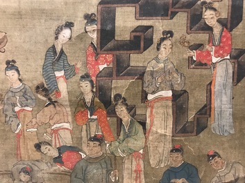 A Chinese silk scroll painting of a garden scene, signed, 18/19th C.